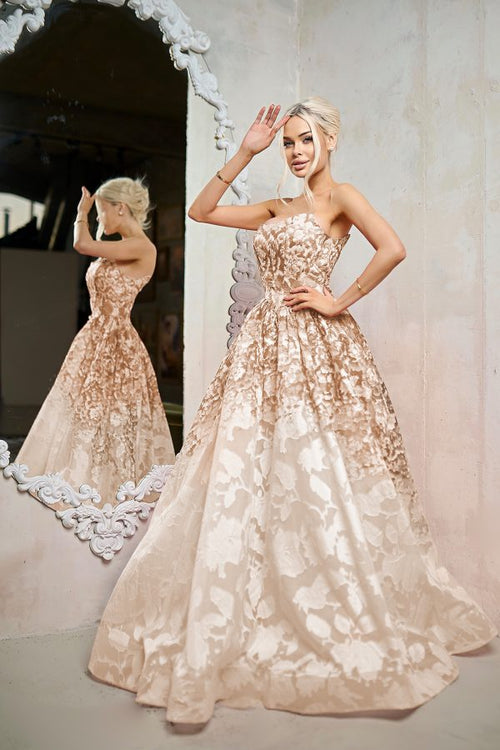 Strapless Floral Jacquard A-Line Gown Corset Prom Dress with Sweep Train by Tina Holly TW624