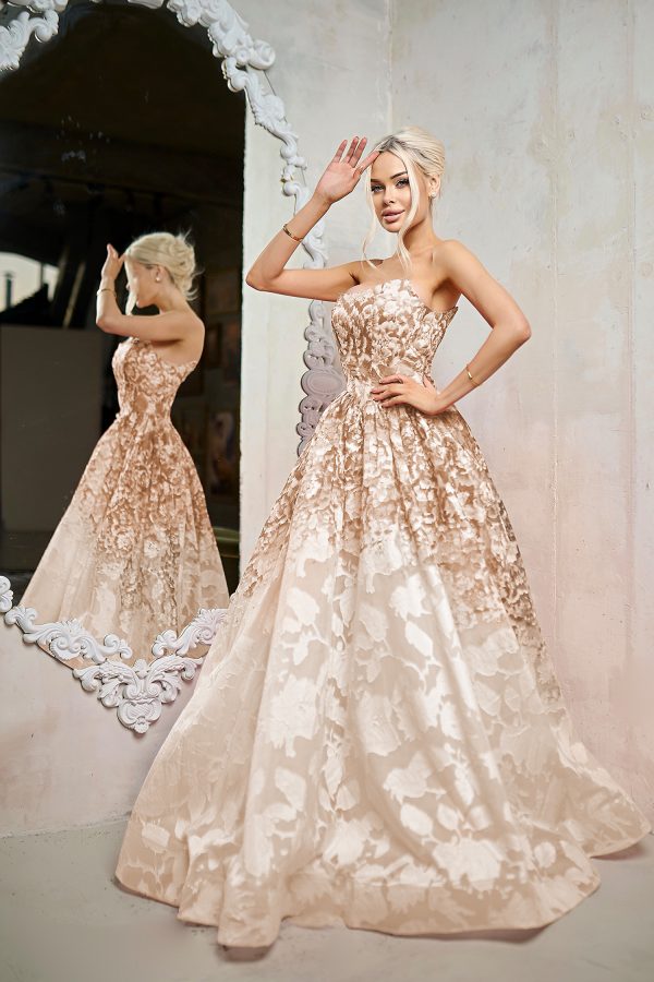 Strapless Floral Jacquard A-Line Gown Corset Prom Dress with Sweep Train by Tina Holly TW624