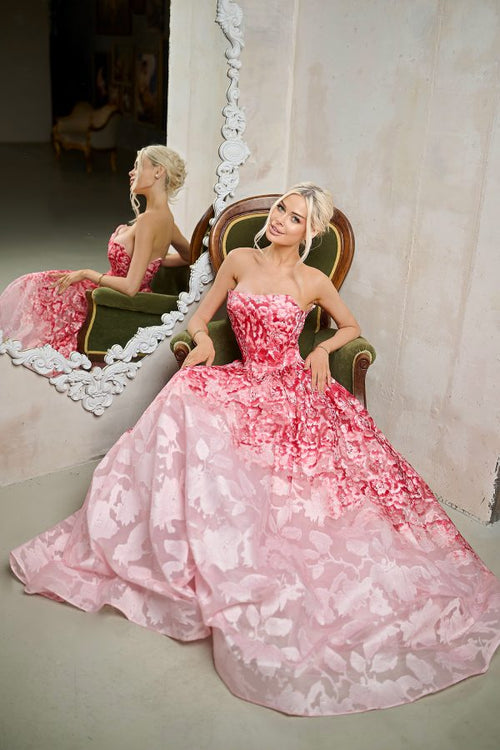 Strapless Floral Jacquard A-Line Gown Corset Prom Dress with Sweep Train by Tina Holly TW624