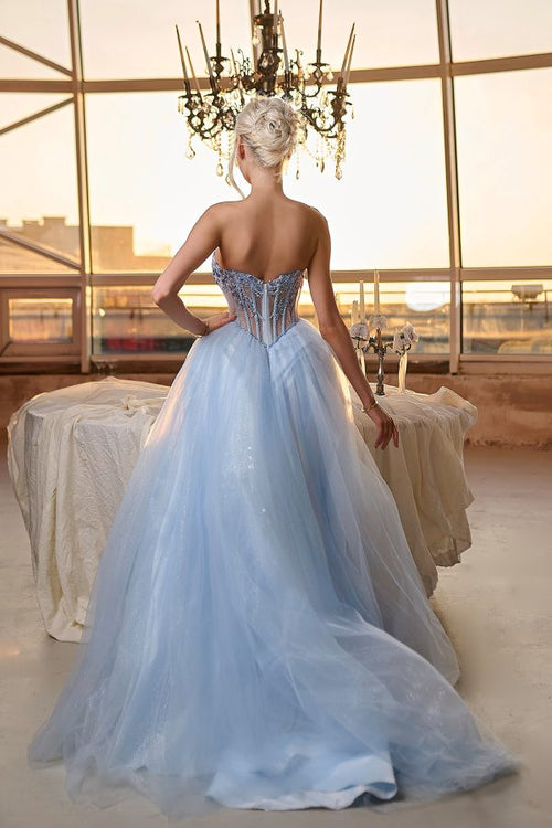 Strapless Sweetheart Corset A-Line Gown Sequin Beaded Illusion Glitter Dress by Tina Holly TE708
