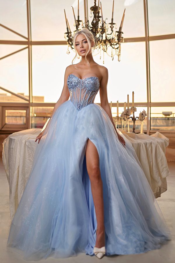 Strapless Sweetheart Corset A-Line Gown Sequin Beaded Illusion Glitter Dress by Tina Holly TE708