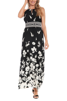 London Times TX013M Black & Ivory Floral Halter Neck Jersey Maxi Dress with Keyhole Detail and Cutout Detail