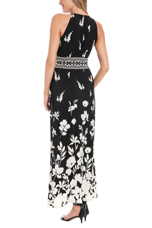 London Times TX013M Black & Ivory Floral Halter Neck Jersey Maxi Dress with Keyhole Detail and Cutout Detail