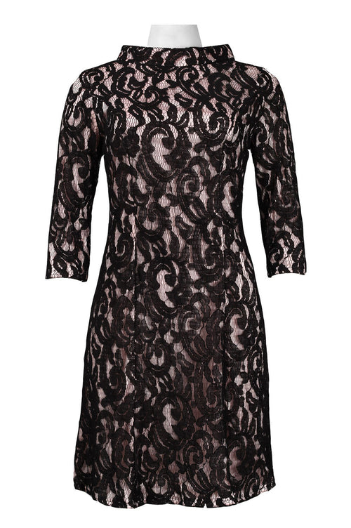 Taylor 5181M Elbow Sleeve High Neck Cotton Lace Overlay A-Line Dress
