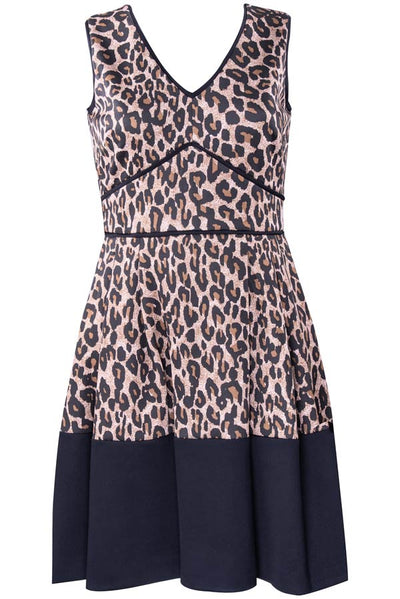 Taylor 1559M Sleeveless V-Neck Leopard Print Pleated A-Line Dress