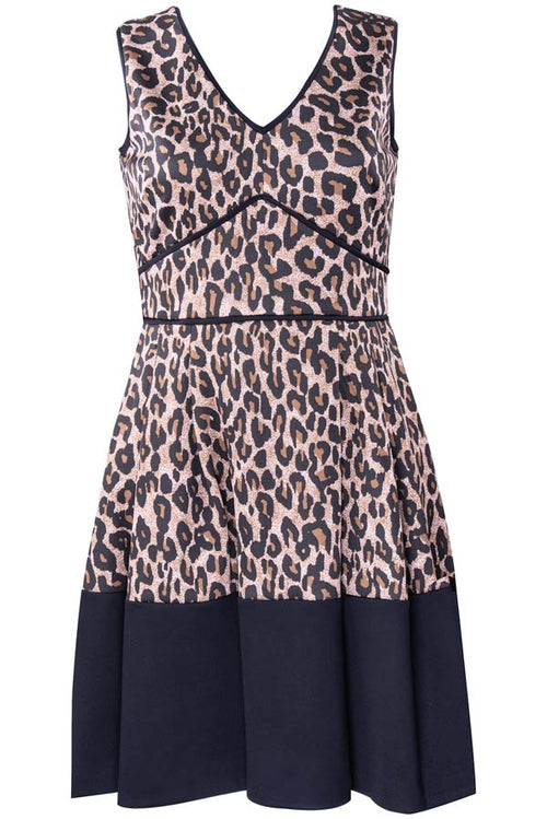 Taylor 1559M Sleeveless V-Neck Leopard Print Pleated A-Line Dress