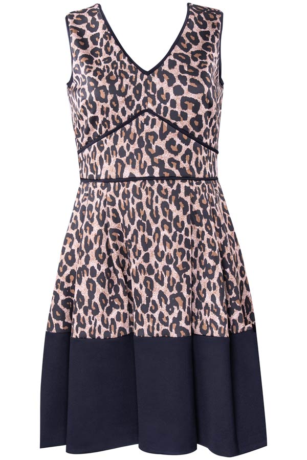 Taylor 1559M Sleeveless V-Neck Leopard Print Pleated A-Line Dress