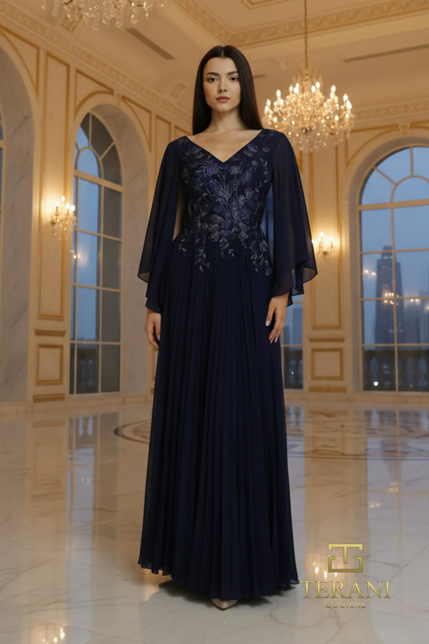 Terani Couture 261M6681 Elegant Evening A-Line Cape Pleated Long Formal Chiffon Dress