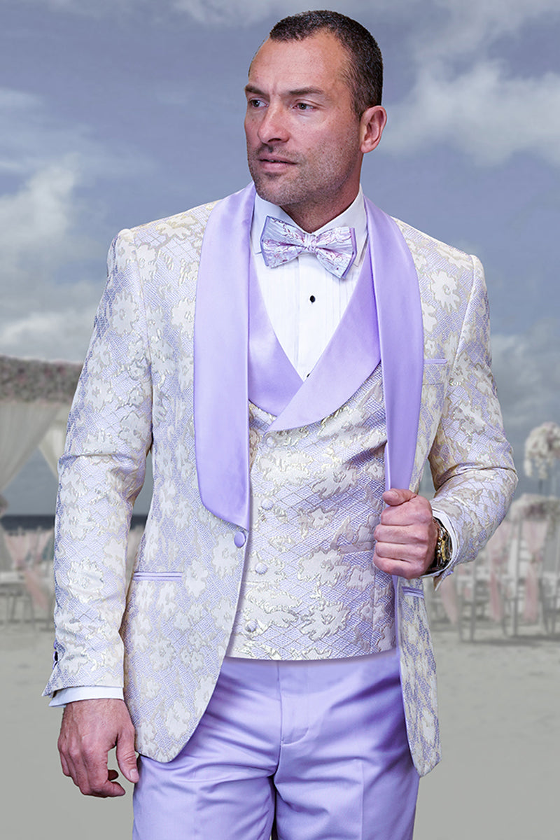 Esmoquin de diseñador para hombre para boda y graduación con chaleco en estampado floral morado y dorado con estampado de cachemira