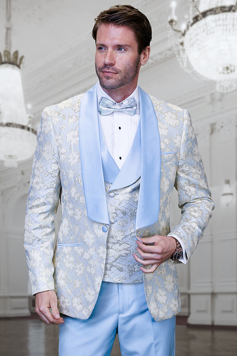 Esmoquin de diseñador para hombre para boda y graduación con chaleco en azul cielo y estampado floral dorado con cachemira