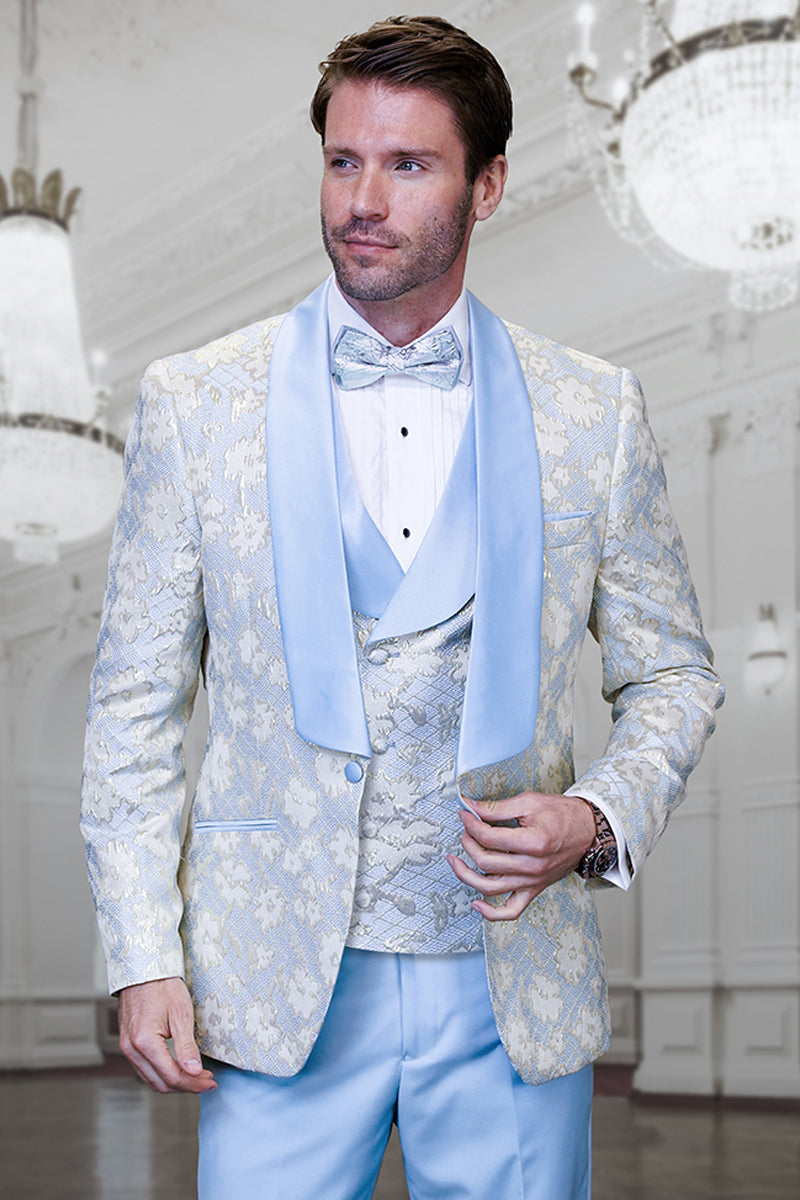 Men's Sky Blue & Gold Paisley Vested Tuxedo