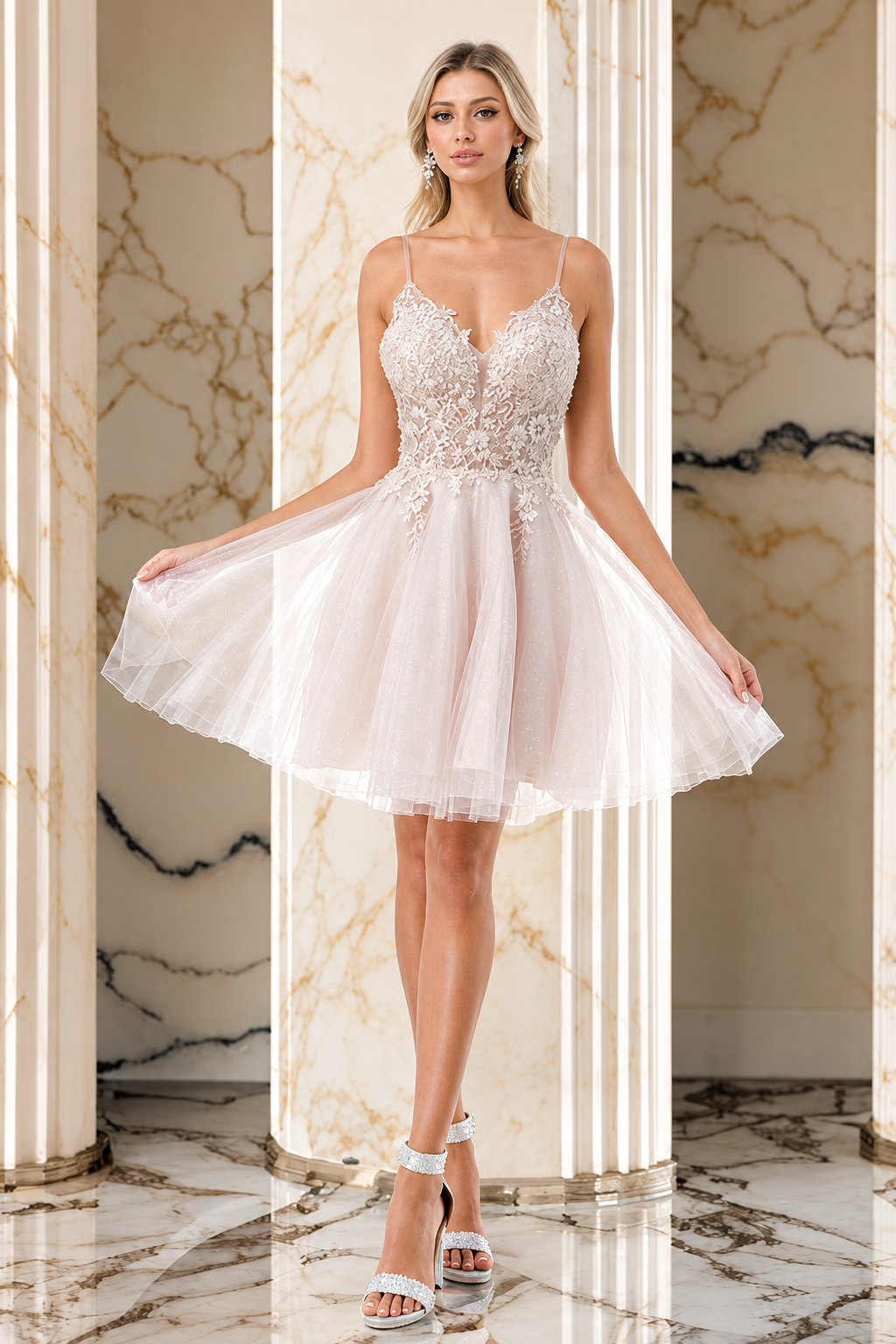 Mauve Lace Applique Homecoming Dress Spaghetti Strap Open Back Tulle Cocktail Dress by Trevi S2742M