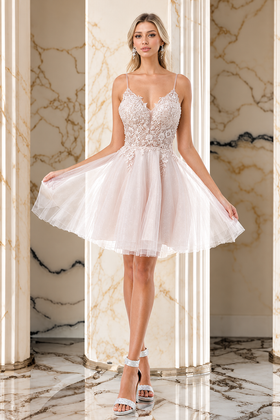 Mauve Lace Applique Homecoming Dress Spaghetti Strap Open Back Tulle Cocktail Dress by Trevi S2742M