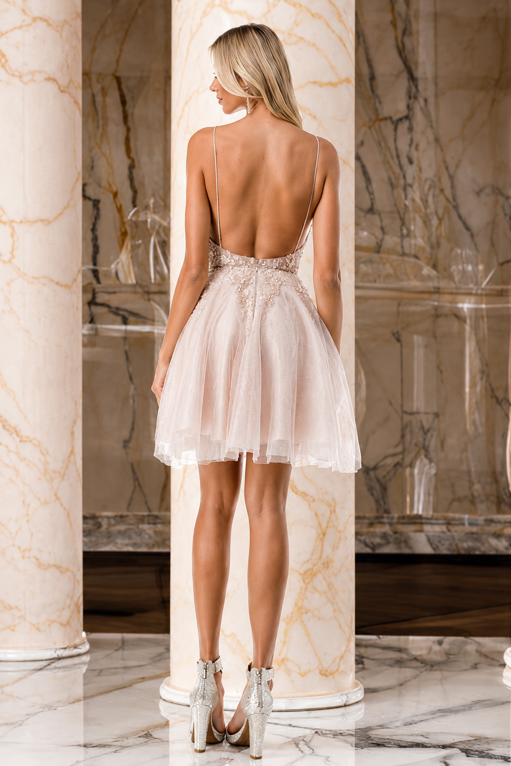Mauve Lace Applique Homecoming Dress Spaghetti Strap Open Back Tulle Cocktail Dress by Trevi S2742M