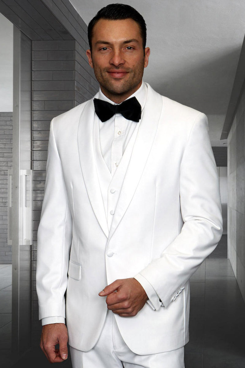 Esmoquin de boda de lana de diseñador para hombre, con solapa chal y un botón, en blanco