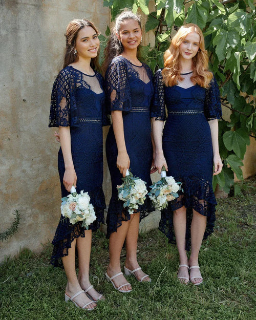 Reyna Navy Blue Sweetheart Lace Ruffle Wedding Guest Dress