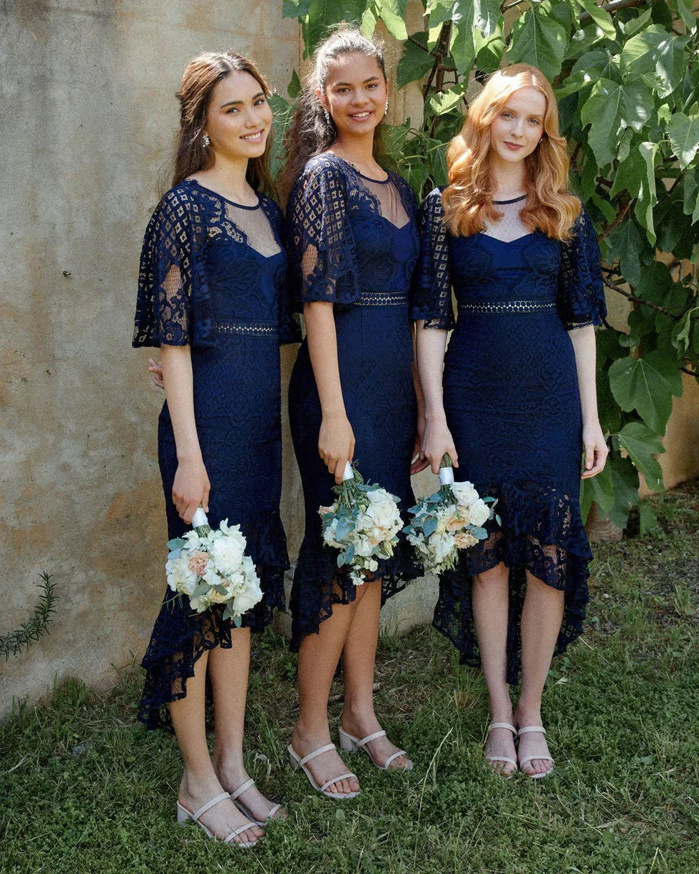 Reyna Navy Blue Sweetheart Lace Ruffle Wedding Guest Dress