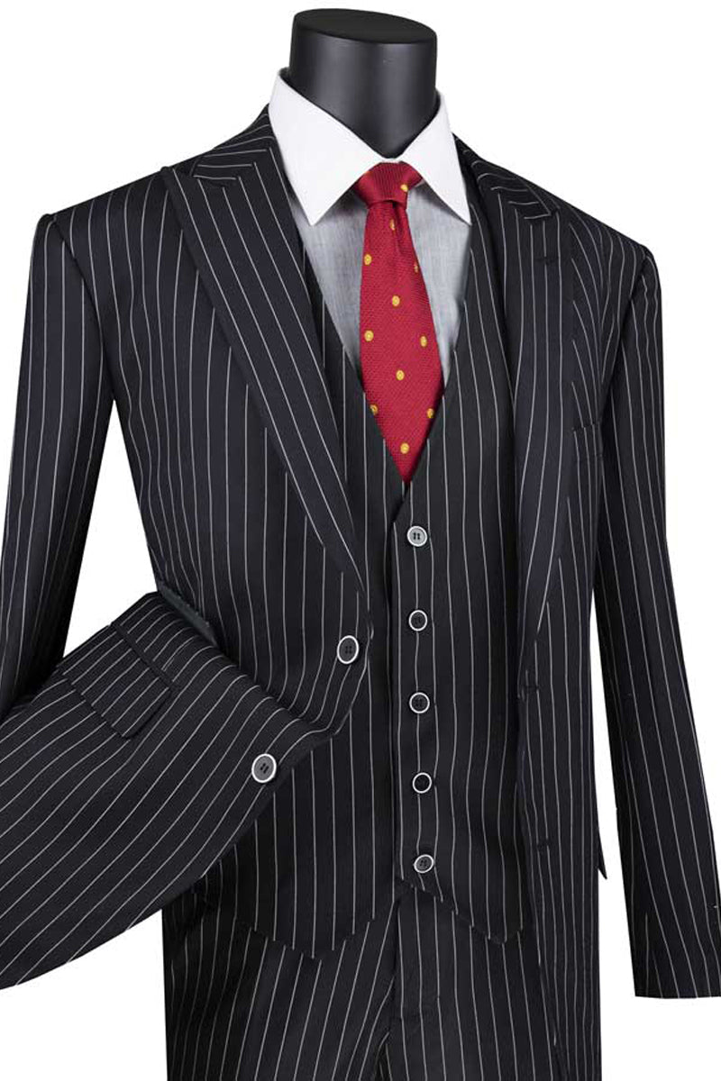 Traje de raya diplomática de gánster atrevido para hombre en negro