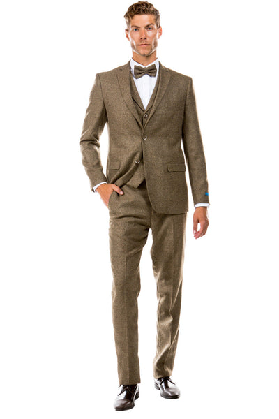 Traje de boda de tweed estilo vintage con dos botones y chaleco para hombre en color tostado