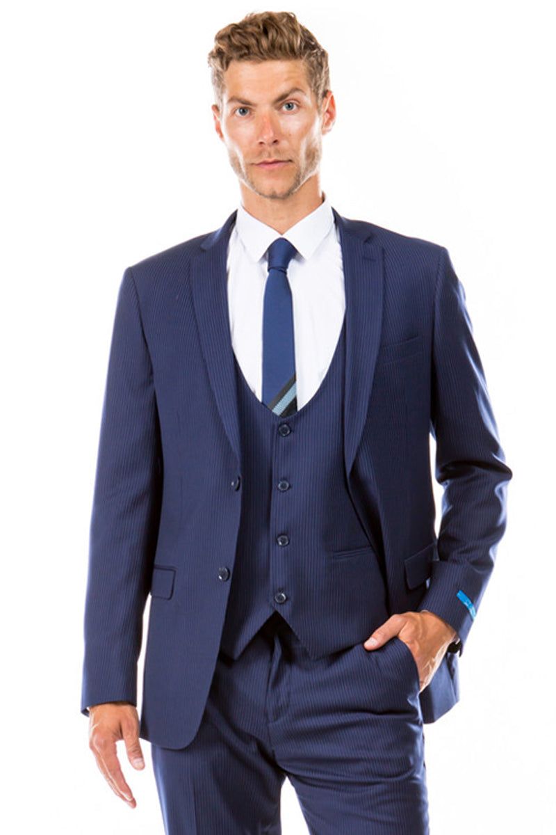 Traje de negocios de raya diplomática micromini de corte híbrido con dos botones y chaleco para hombre en azul marino