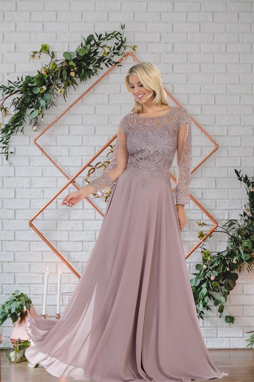 Mother of the Bride Dress 3/4 Long Sleeves Chiffon A-Line Evening Gown-New Collection
