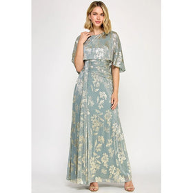 Clearance Sage Size 3XL Floral Cape Sleeve Long Formal Gown by Lenovia 5330