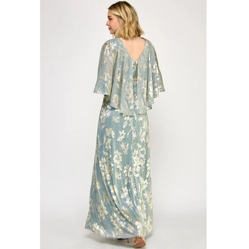 Clearance Sage Size 3XL Floral Cape Sleeve Long Formal Gown by Lenovia 5330