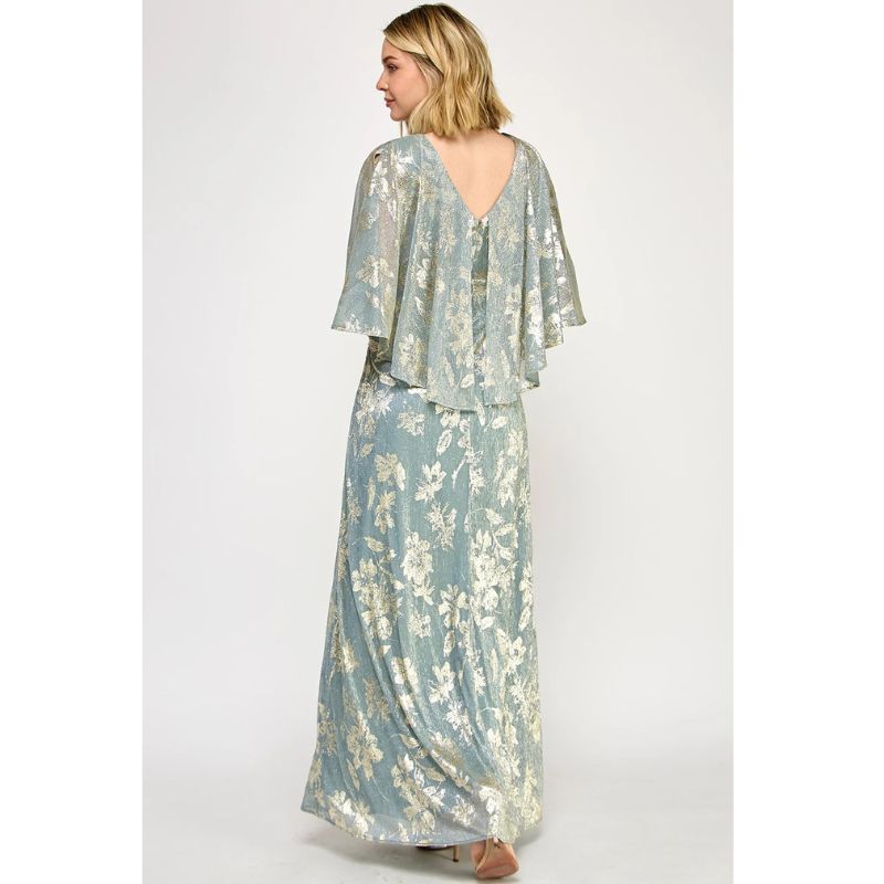 Clearance Sage Size 3XL Floral Cape Sleeve Long Formal Gown by Lenovia 5330