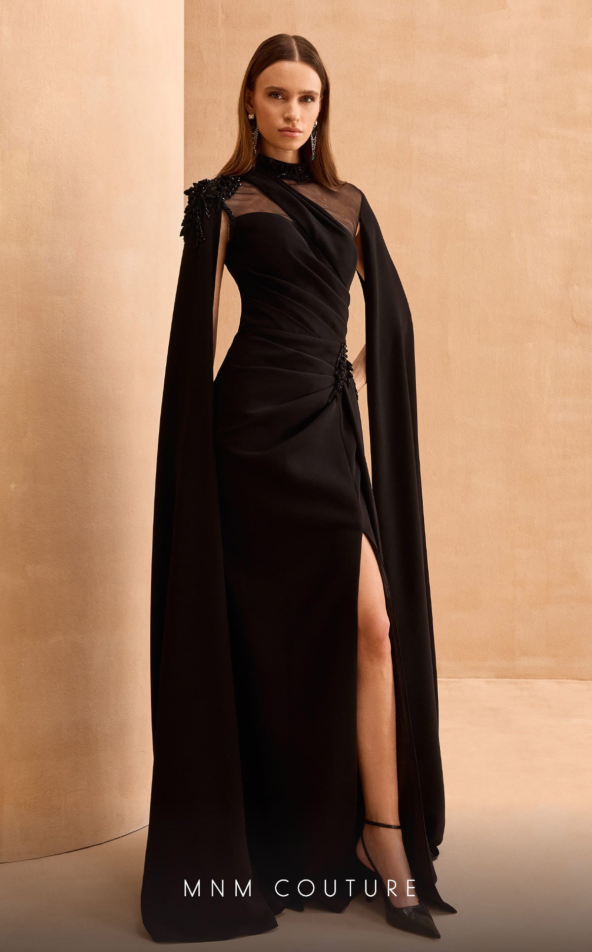 MNM Couture V02037 Black Long-Sleeve Gown with Sheer Cape