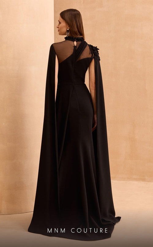 MNM Couture V02037 Black Long-Sleeve Gown with Sheer Cape