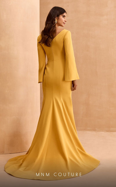 MNM Couture V02044 Mustard Evening Gown with Intricate Detailing