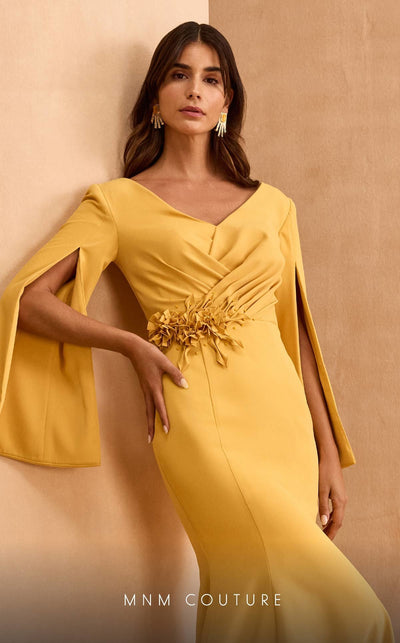 MNM Couture V02044 Mustard Evening Gown with Intricate Detailing