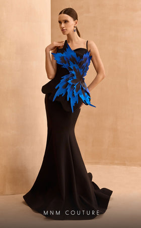 MNM Couture V07440 Mermaid Gown with Bold Appliqué in Black-Royal