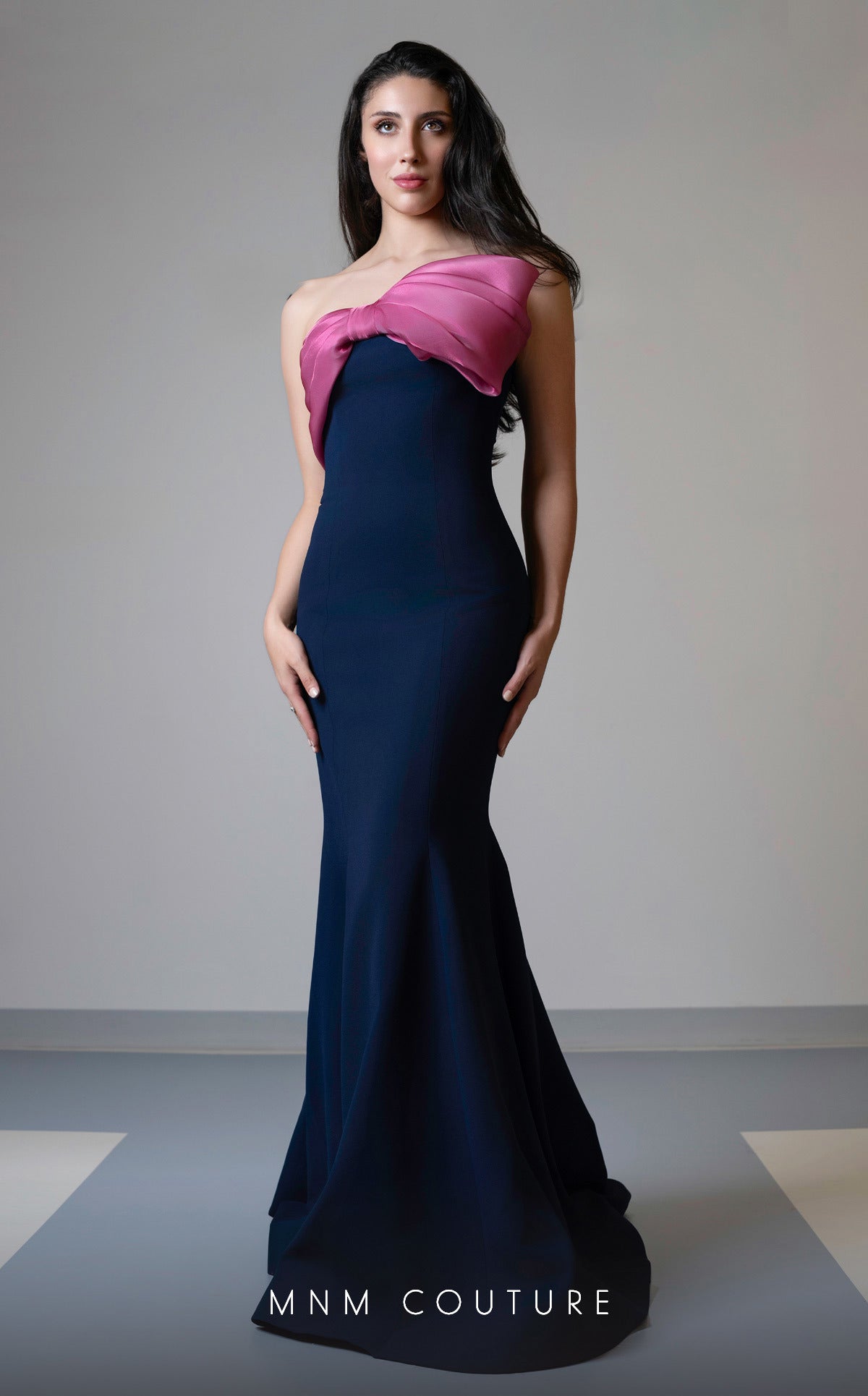 MNM Couture V07514 Navy/Pink Sleeveless Mermaid Gown with Organza Bow
