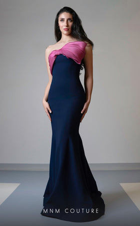 MNM Couture V07514 Navy/Pink Sleeveless Mermaid Gown with Organza Bow