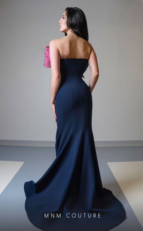 MNM Couture V07514 Navy/Pink Sleeveless Mermaid Gown with Organza Bow