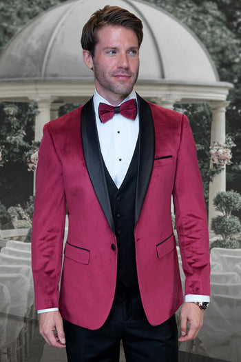 Esmoquin de terciopelo con chaleco de diseñador para hombre para boda y graduación en color burdeos