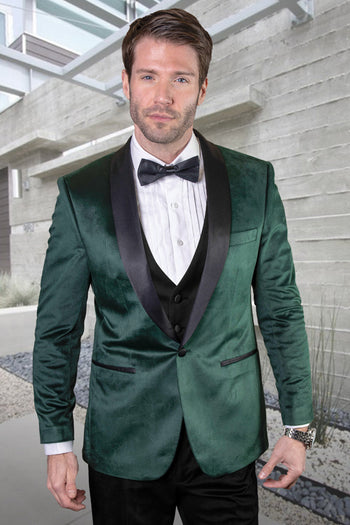 Esmoquin de terciopelo con chaleco de diseñador para hombre para boda y graduación en verde cazador