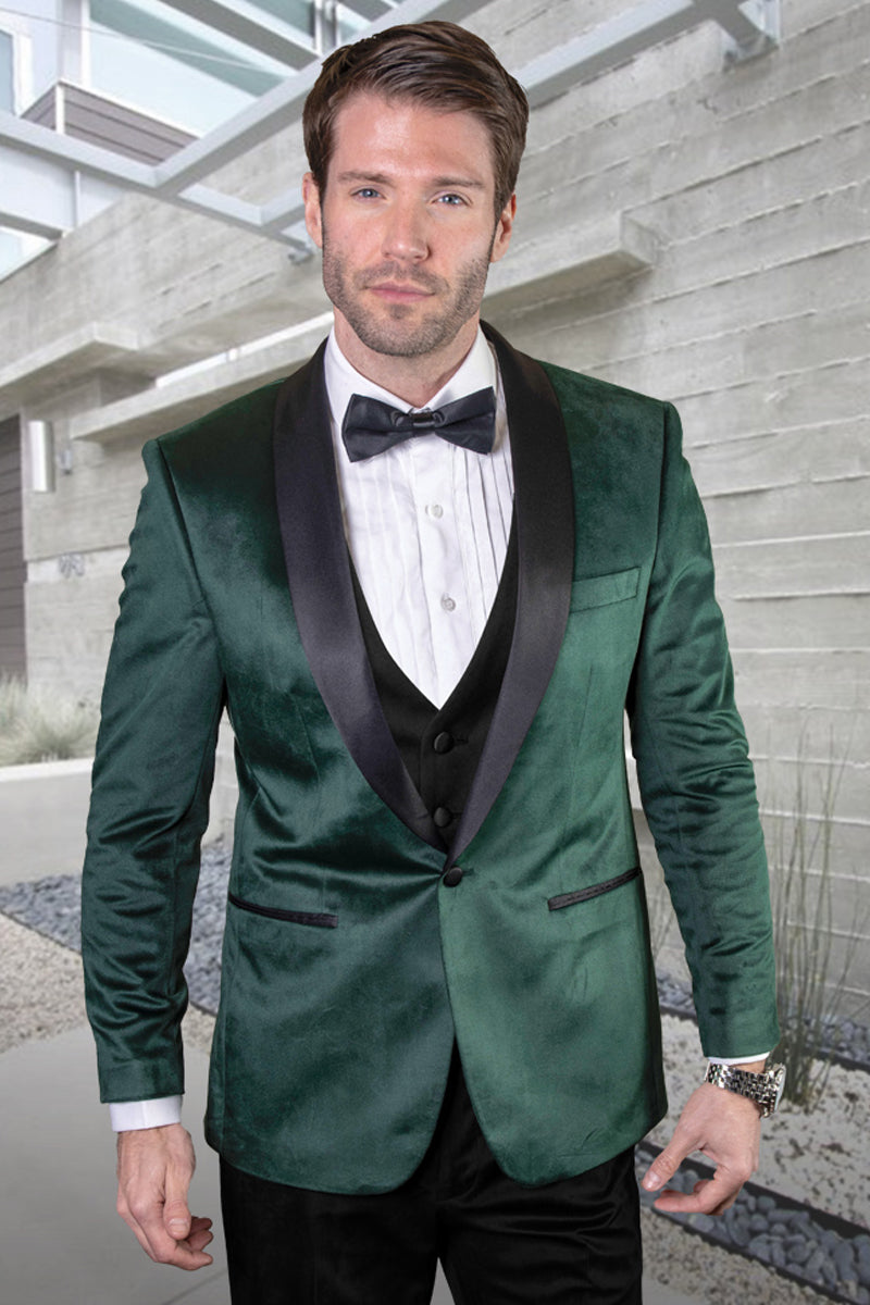 Esmoquin de terciopelo con chaleco de diseñador para hombre para boda y graduación en verde cazador