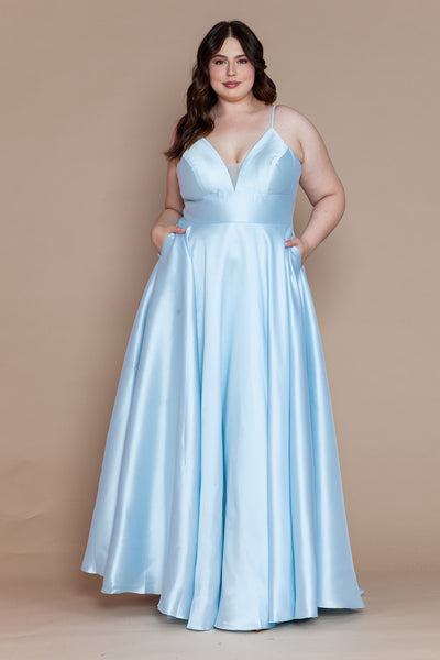 Deep V-Neck Spaghetti Strap Satin A-Line Dress with Pockets and Lace-Up Back by Poly USA W1070