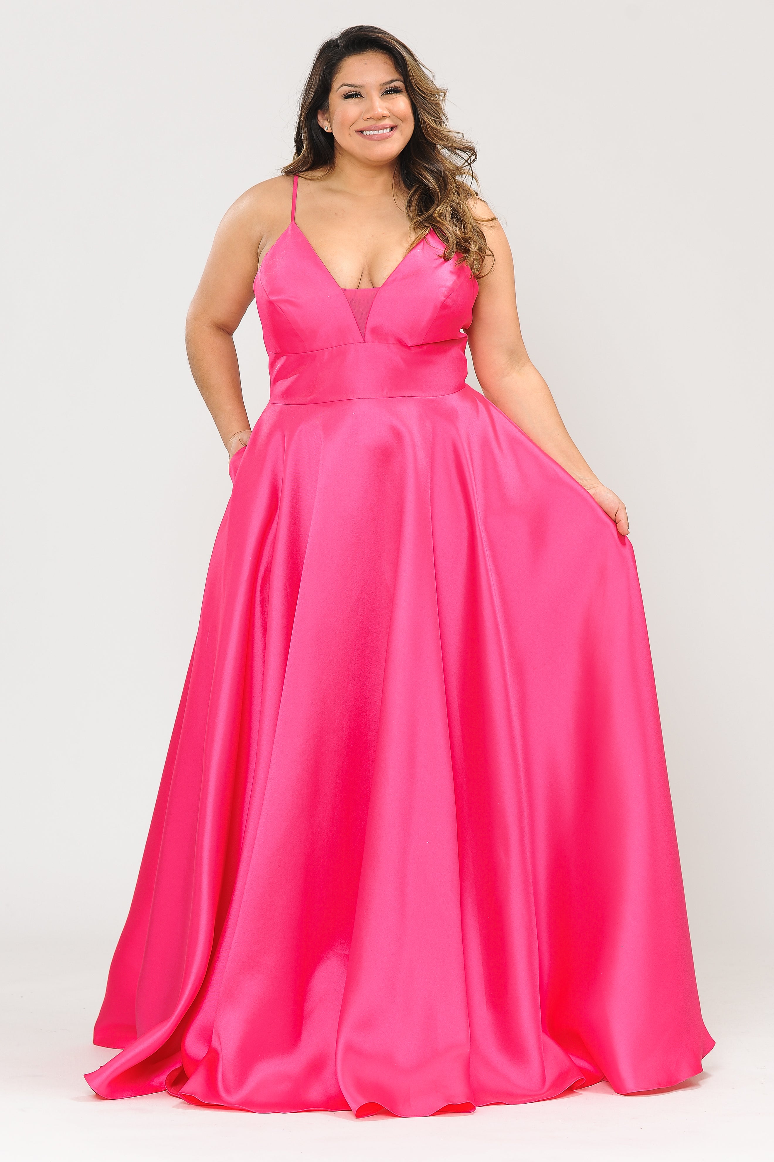 Deep V-Neck Spaghetti Strap Satin A-Line Dress with Pockets and Lace-Up Back by Poly USA W1070