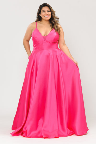 Deep V-Neck Spaghetti Strap Satin A-Line Dress with Pockets and Lace-Up Back by Poly USA W1070