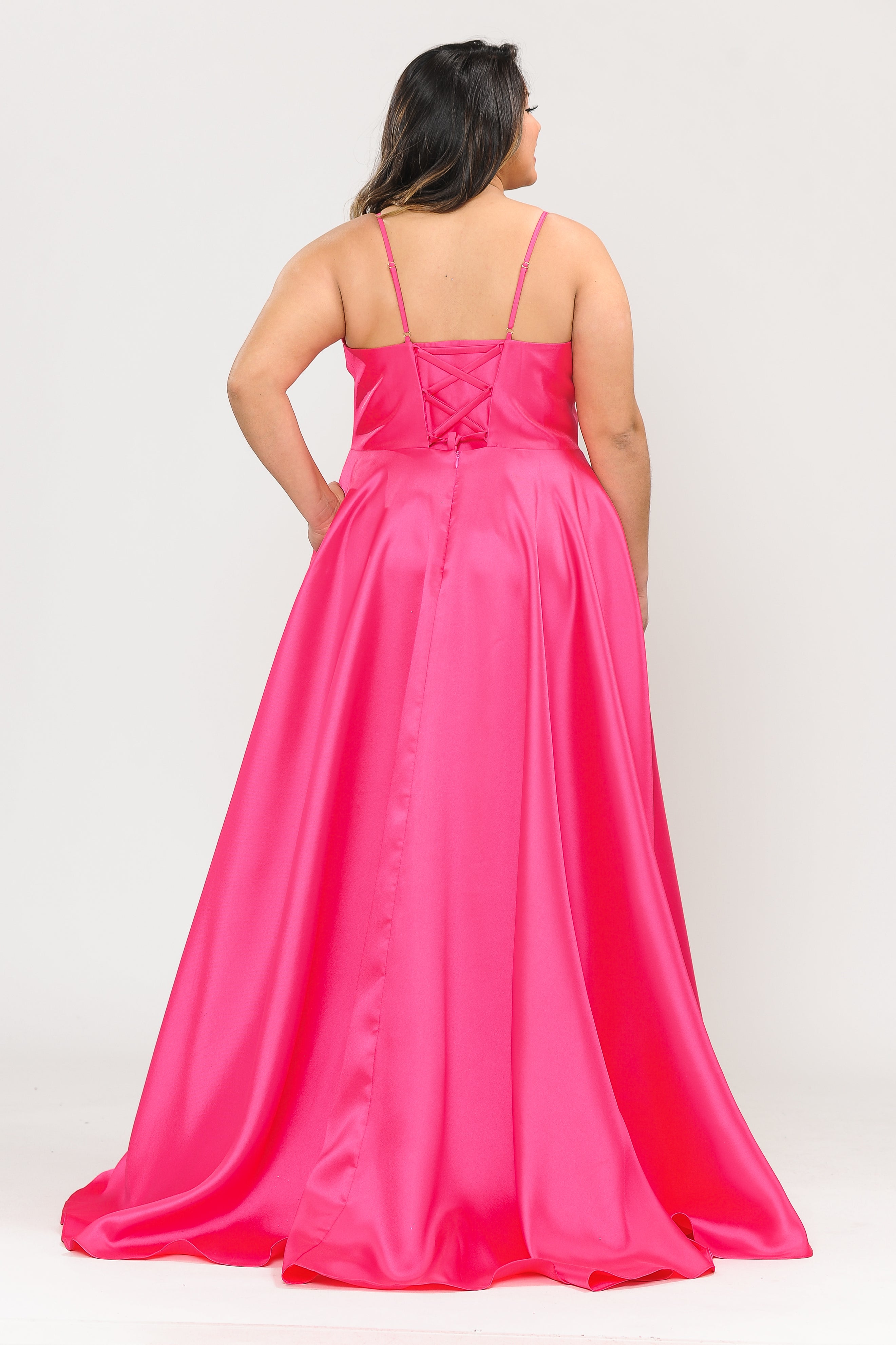 Deep V-Neck Spaghetti Strap Satin A-Line Dress with Pockets and Lace-Up Back by Poly USA W1070