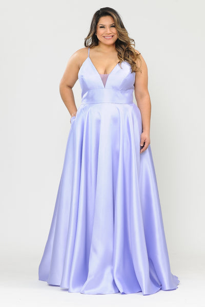 Deep V-Neck Spaghetti Strap Satin A-Line Dress with Pockets and Lace-Up Back by Poly USA W1070