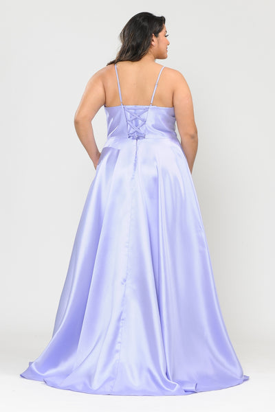 Deep V-Neck Spaghetti Strap Satin A-Line Dress with Pockets and Lace-Up Back by Poly USA W1070