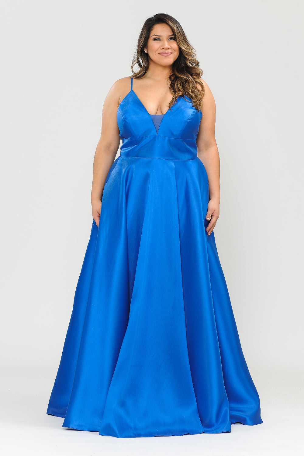 Deep V-Neck Spaghetti Strap Satin A-Line Dress with Pockets and Lace-Up Back by Poly USA W1070