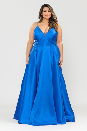 Deep V-Neck Spaghetti Strap Satin A-Line Dress with Pockets and Lace-Up Back by Poly USA W1070