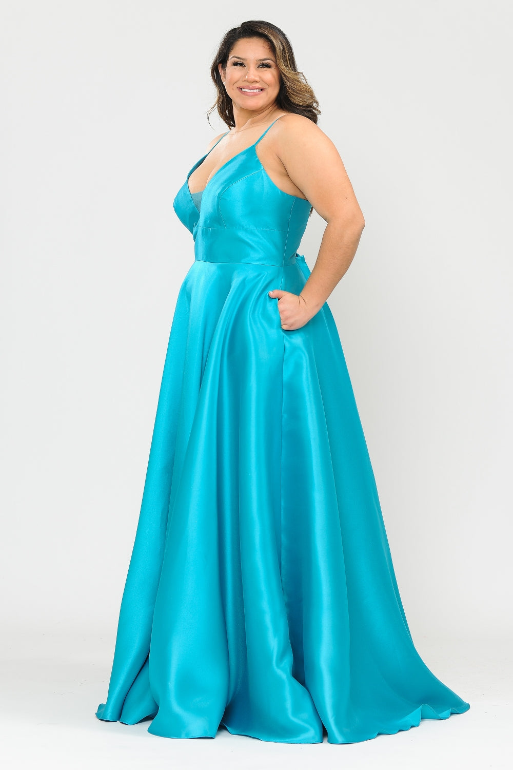 Deep V-Neck Spaghetti Strap Satin A-Line Dress with Pockets and Lace-Up Back by Poly USA W1070