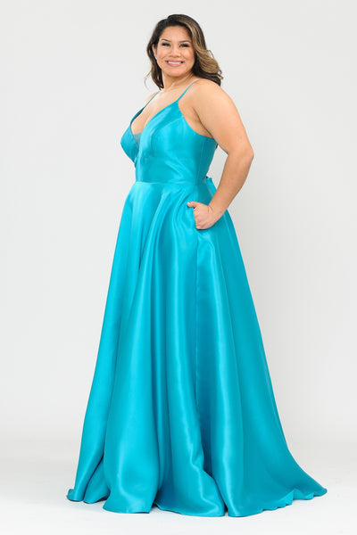 Deep V-Neck Spaghetti Strap Satin A-Line Dress with Pockets and Lace-Up Back by Poly USA W1070
