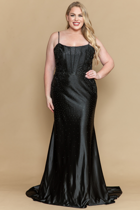 Poly USA W1164 Plus Size Beaded Satin Gown